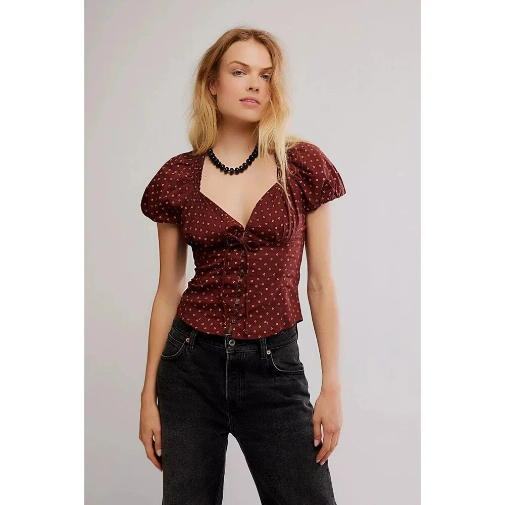 Free People Puff Sleeve Printed Blouse Top Buttondown Floral Ruffle S 289177